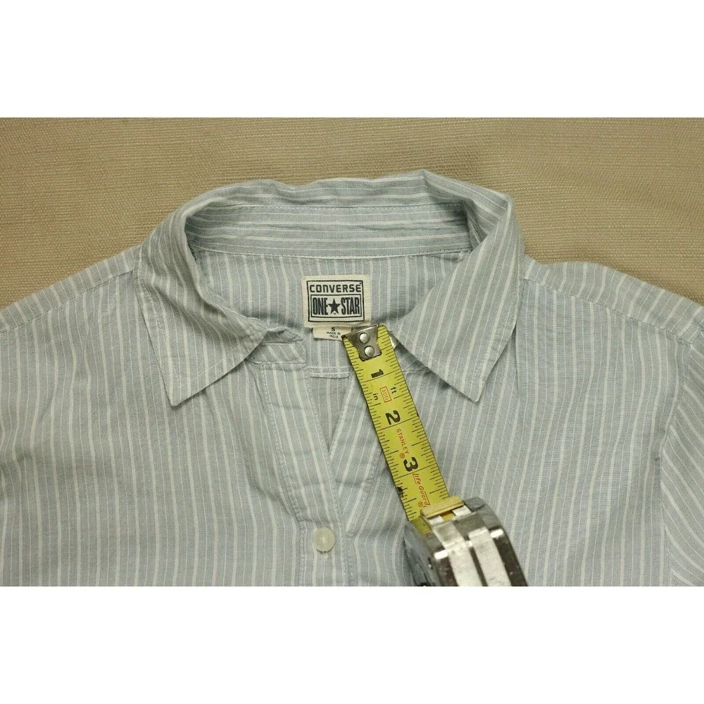 Converse One Star Sz S Women's Roll Tab Sleeve Cotton Shirt Top Blue Striped - Picture 7 of 9